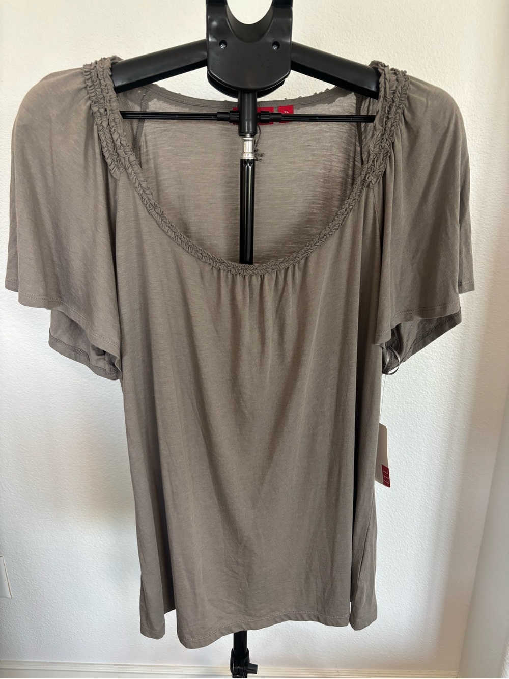 Elle Taupe Scoop Neck Short Sleeve Top with Shirred Trim